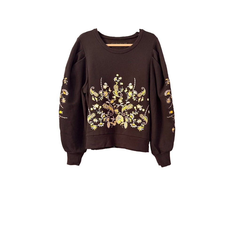 Dark Floral Embroidered Sweatshirt Womens M Puff Sleeves Boxy Whimsigoth Boho